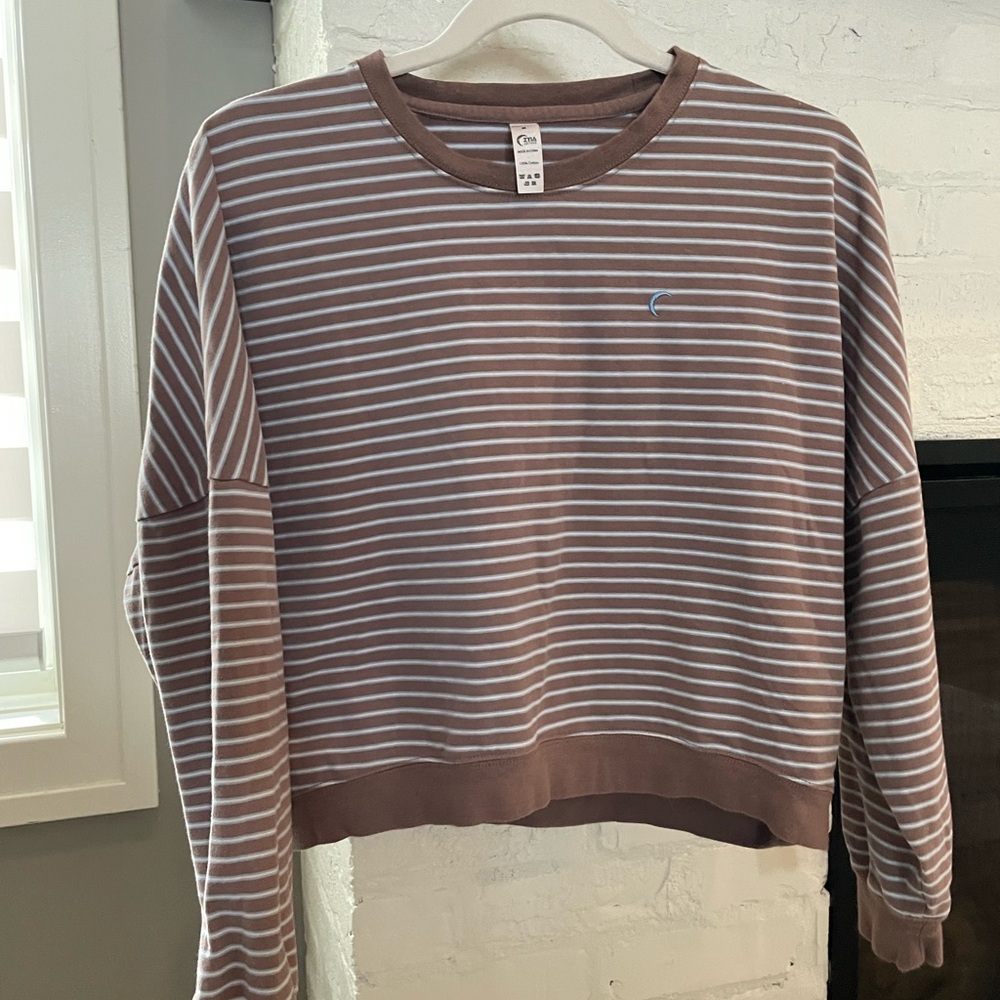 Zyia Brown and Blue Striped Cropped Crewneck Sweatshirt